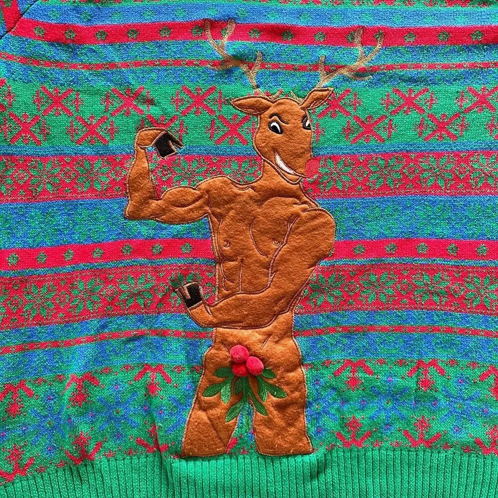 Blizzard Bay Muscle Rudolph Mistletoe Balls Christmas Funny Ugly Sweater Size XL